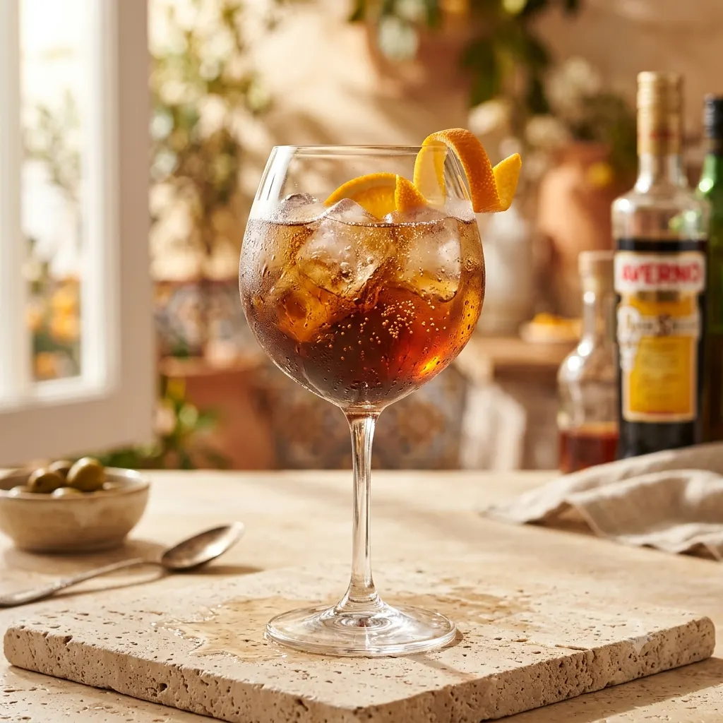 Photo du cocktail Averna Spritz, L'amaro sicilien d'origine monastique, réglisse, agrumes confits et épices, plus rond que le Campari.