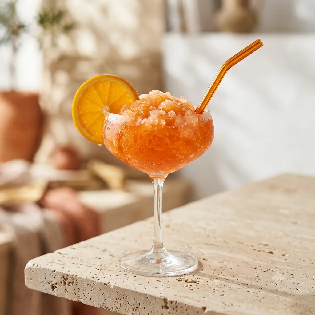 Photo du cocktail Frozen Aperol Spritz, L'Aperol Spritz passé au blender, texture granité orange, né aux États-Unis avant de conquérir l'Europe.