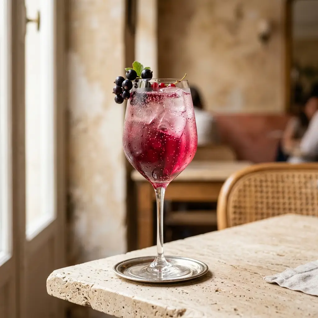 Photo du cocktail Kir Royal Spritz, Le classique français revisité version spritz : crème de cassis de Dijon et crémant, allongés d'eau gazeuse.