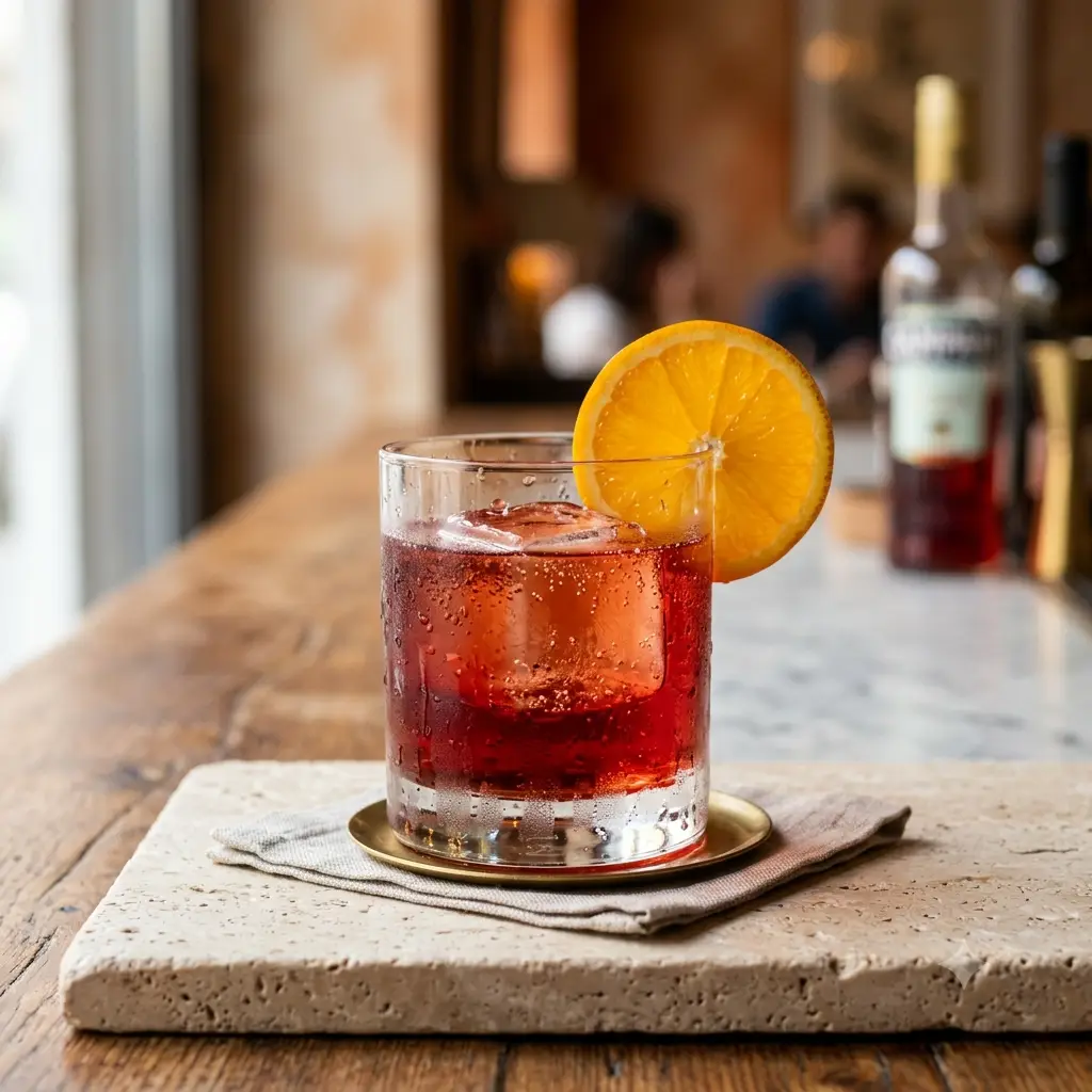 Photo du cocktail Negroni Sbagliato, Le « Negroni raté » devenu culte : le gin remplacé par du prosecco, immortalisé par Emma D'Arcy en 2022.