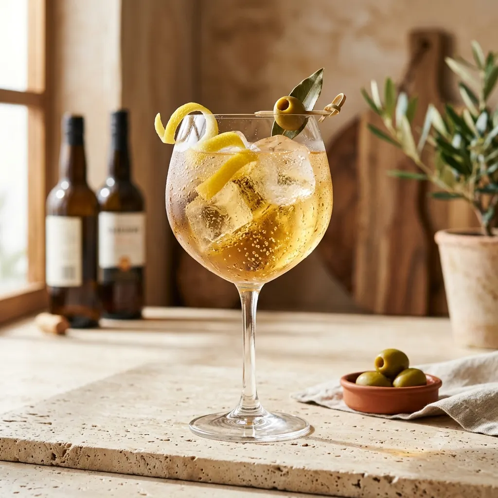 Photo du cocktail Sherry Spritz, L'alternative andalouse pointue : sherry sec, salinité, notes de noisette et d'amande fraîche.