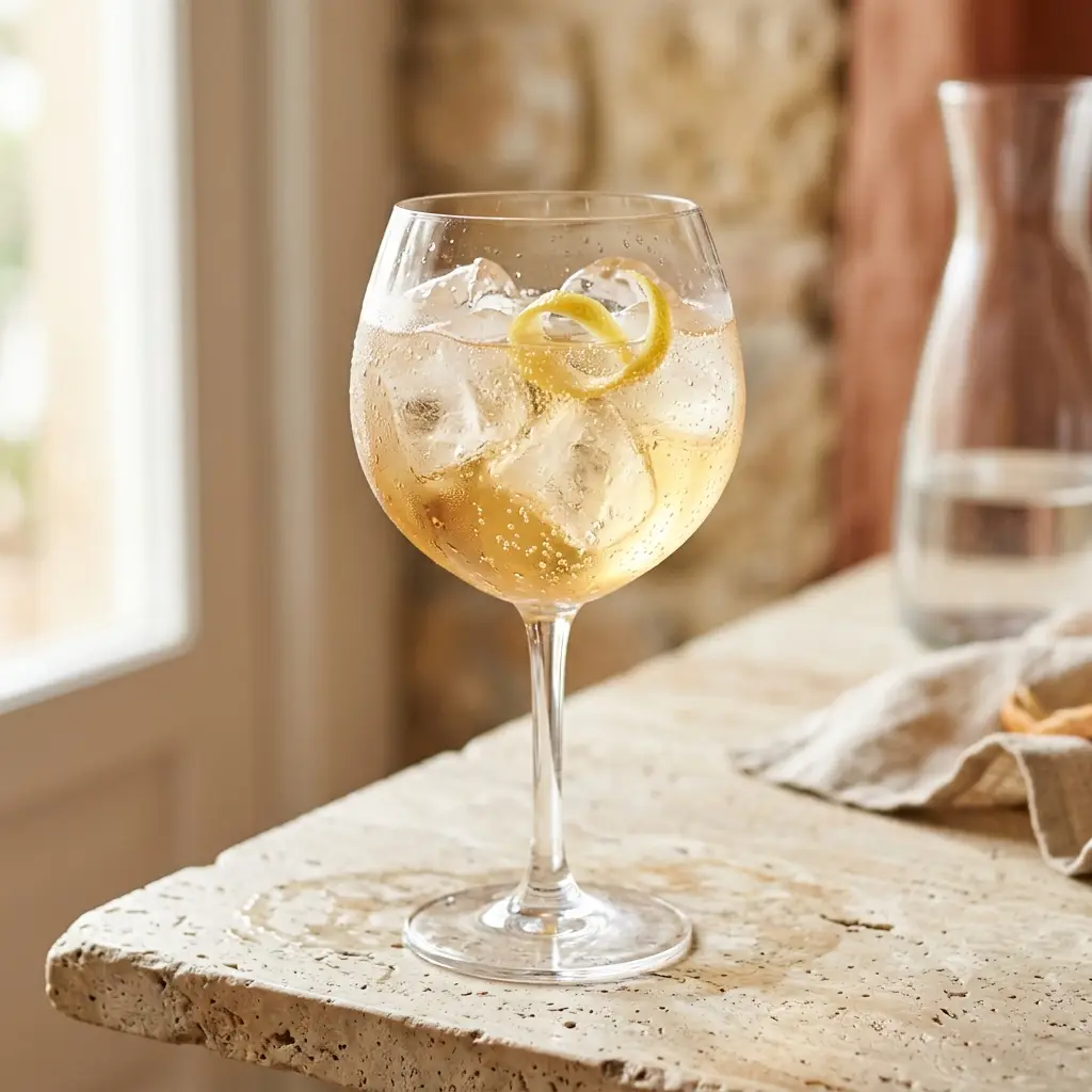 Photo du cocktail Spritz Basque, Izarra jaune, Txakoli pétillant et zeste de citron, l'alternative basque au prosecco italien.