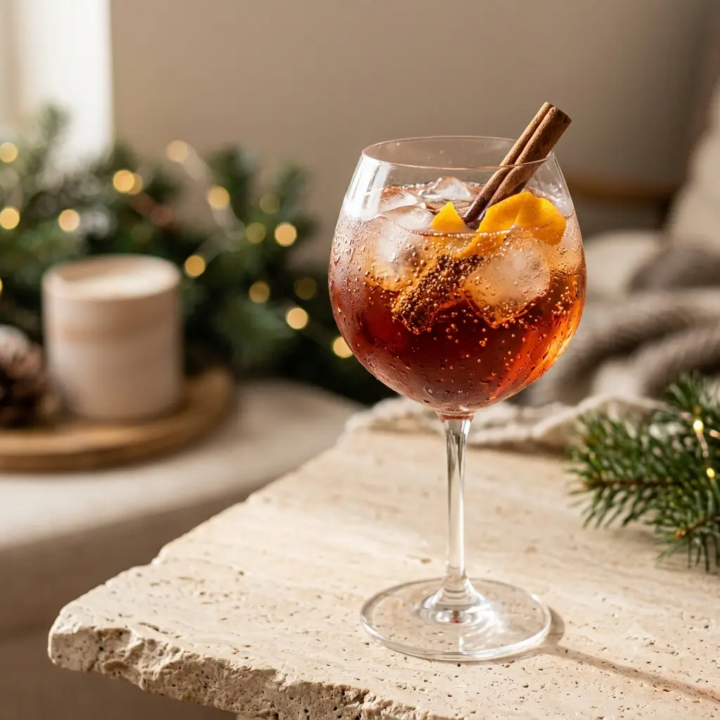 Photo du cocktail Spritz de Noël, Cannelle, orange et clous de girofle infusés dans le sirop, le spritz qui remplace le vin chaud sur les tables de fêtes.