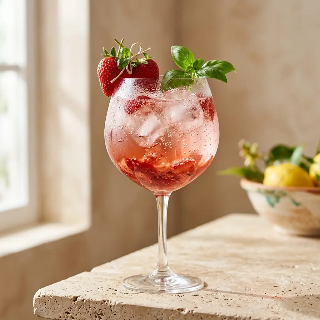 Photo du cocktail Spritz Fraise, Fraises fraîches écrasées, rosé pétillant et basilic, le spritz le plus photogénique de l'été.