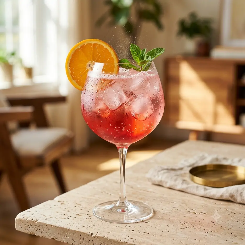 Photo du cocktail Spritz Grenadine sans alcool, Le mocktail qui fait l'unanimité en famille, grenadine, eau gazeuse, orange, prêt en une minute.