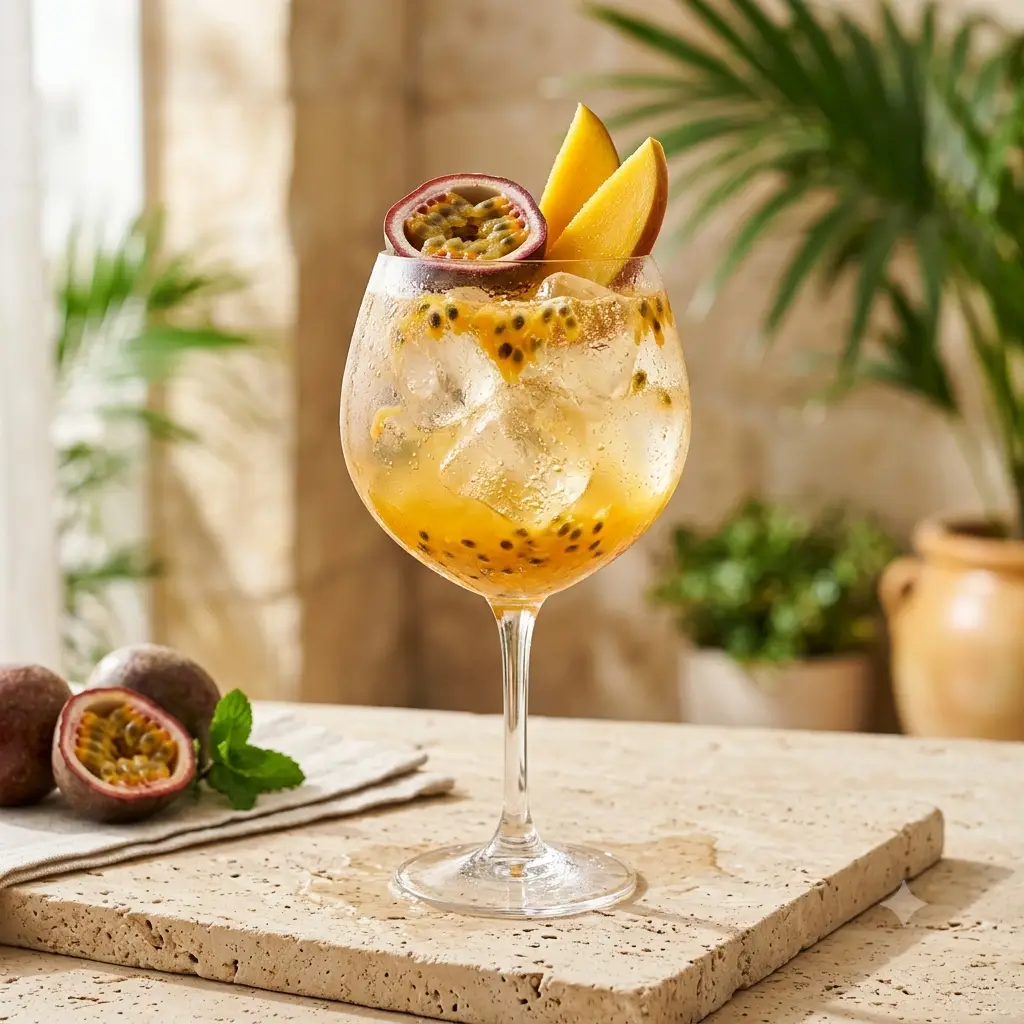 Photo du cocktail Spritz Mangue-Passion, Mangue et fruit de la passion pour un spritz tropical qui détonne sur la carte des classiques italiens.