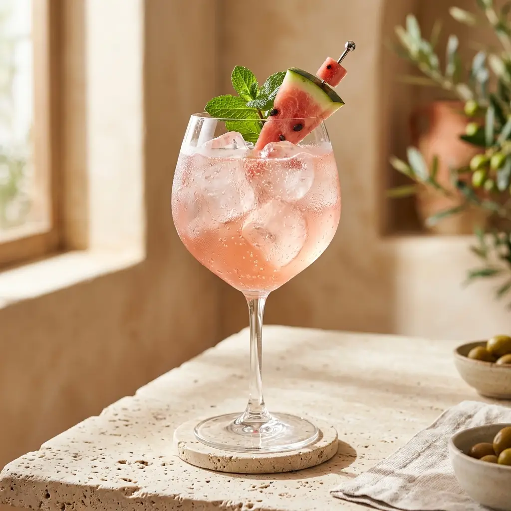 Photo du cocktail Spritz Pastèque, Pastèque mixée, prosecco et menthe, le spritz qui remplace la sangria sur les plages du Sud.