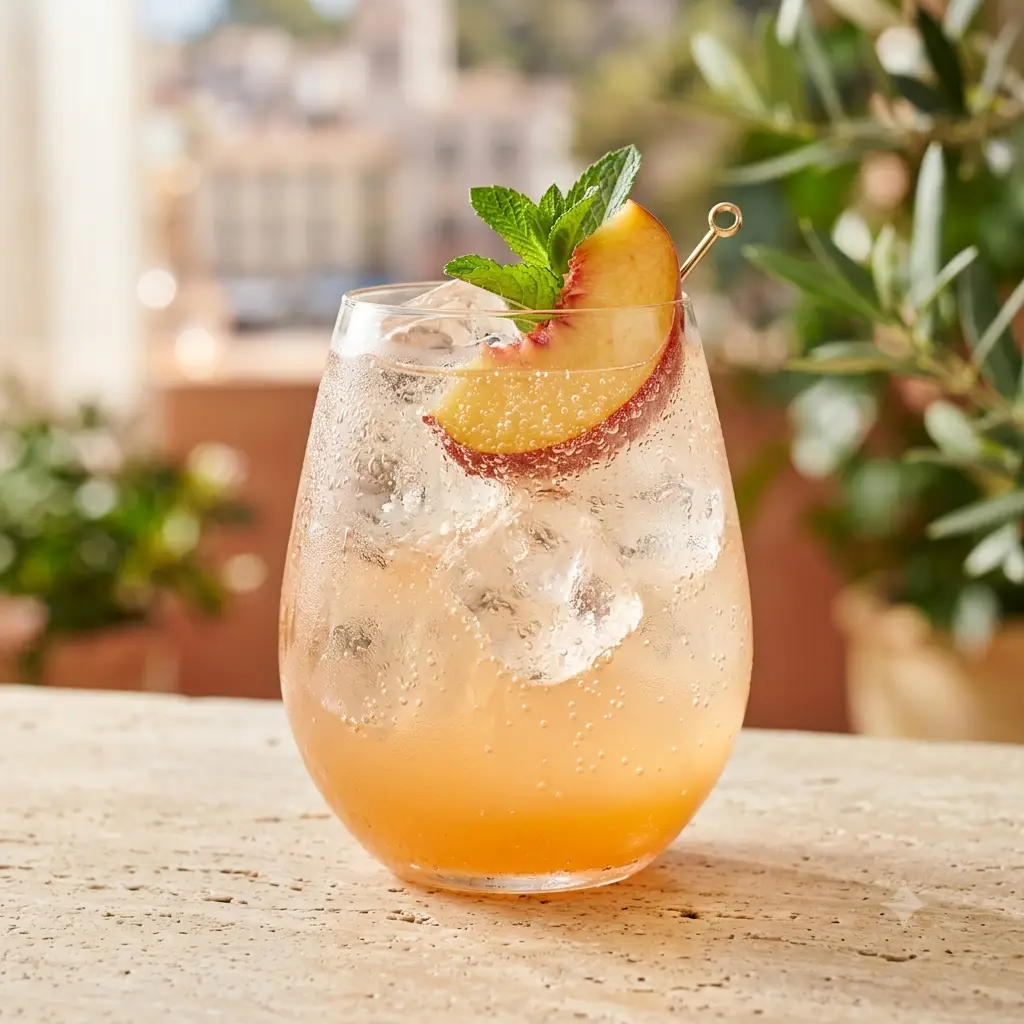 Photo du cocktail Spritz Pêche de Vigne, Cousin fruité du Bellini, purée de pêche de vigne et prosecco, sans le bitter, tout en douceur.