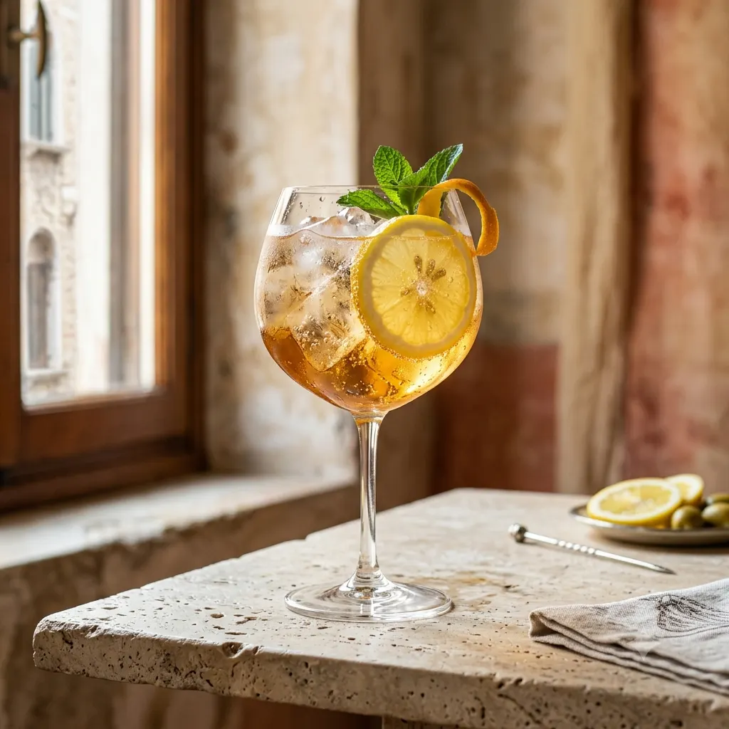 Photo du cocktail Spritz Veneziano, L'ancêtre du spritz : vin blanc tranquille, bitter et eau gazeuse, tel que le buvaient les garnisons autrichiennes à Venise.